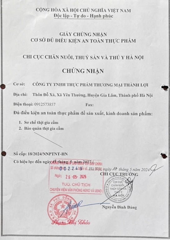 Hồ sơ pháp lý CÔNG TY TNHH THỰC PHẨM THƯƠNG MẠI THÀNH LỢI