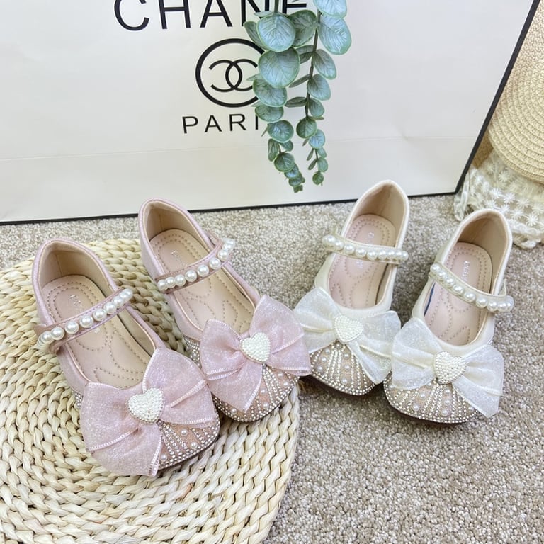 M131 Giày Búp Bê Công Chúa Bé Gái Đính Nơ Voan Trái Tim Ngọc Trai Êm Chân (Màu Hồng / Kem Trắng)
