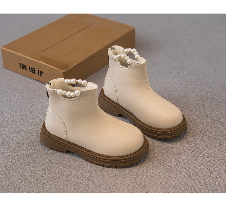 M038 Giày Bốt Bé Gái Cổ Ngắn Đính Ngọc Trai Sang Trọng – Boots Da Mềm Khóa Kéo Sau Đế Cao Su Chống Trượt Đi Học, Đi Tiệc (Size 26 - 36)