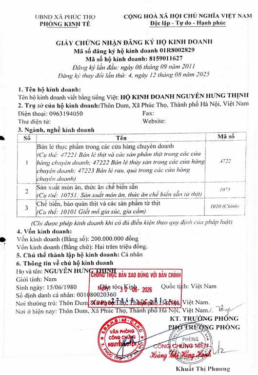 Hồ sơ pháp lý hộ kinh doanh NGUYỄN HƯNG THỊNH