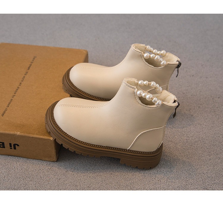M038 Giày Bốt Bé Gái Cổ Ngắn Đính Ngọc Trai Sang Trọng – Boots Da Mềm Khóa Kéo Sau Đế Cao Su Chống Trượt Đi Học, Đi Tiệc (Size 26 - 36)