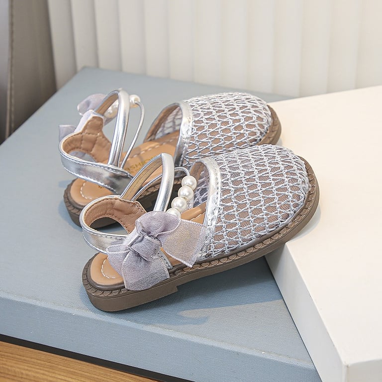 M187 Sandal Búp Bê Rổ Lưới Đính Ngọc Trai & Nơ Voan Cho Bé Gái (Size 26-34)