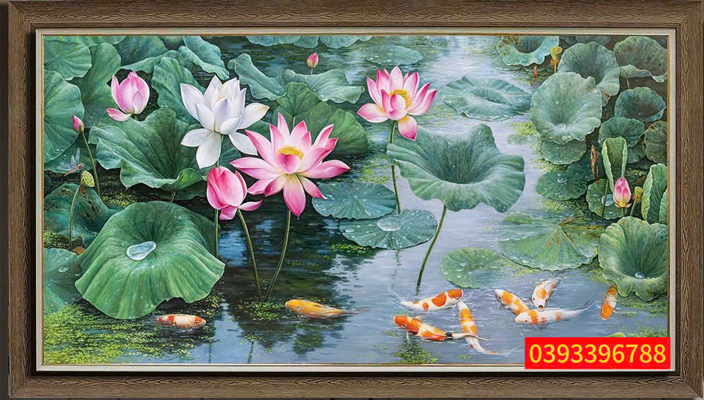 Tranh Cửu Ngư Quần Hội Bên Đầm Sen Đẹp Sang Trọng