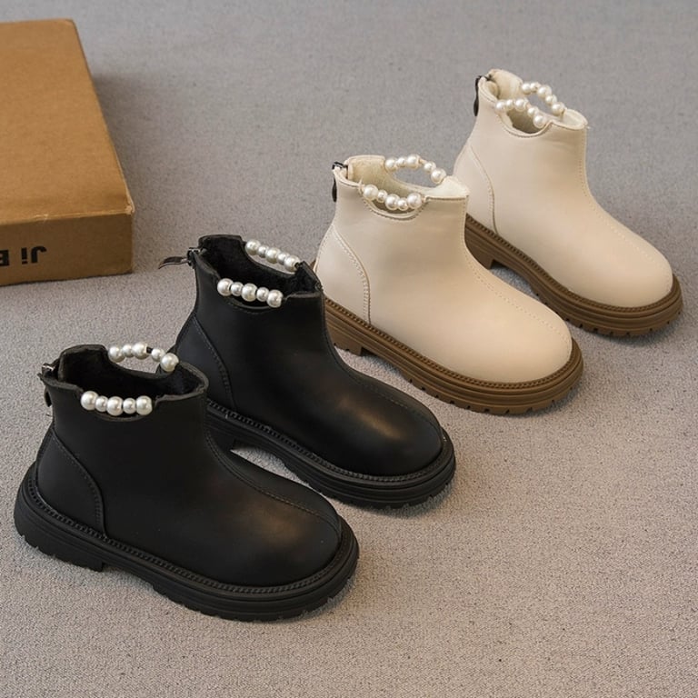 M038 Giày Bốt Bé Gái Cổ Ngắn Đính Ngọc Trai Sang Trọng – Boots Da Mềm Khóa Kéo Sau Đế Cao Su Chống Trượt Đi Học, Đi Tiệc (Size 26 - 36)
