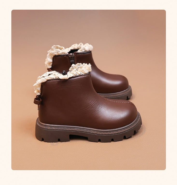 M207 Giày Boot Bé Gái Cổ Ngắn Viền Ren Da Mềm Phong Cách Hàn Quốc – Bốt Trẻ Em Mùa Thu Đông Xinh Xắn
