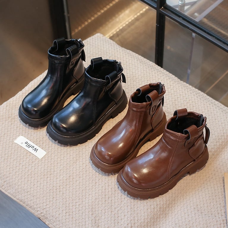 M047 Giày Bốt Trẻ Em Cổ Ngắn Da Bóng Phong Cách Hàn Quốc – Boots Bé Trai & Bé Gái Khóa Kéo Sau Cổ Chun Đế Răng Cưa Chống Trượt (Size 26 - 36)