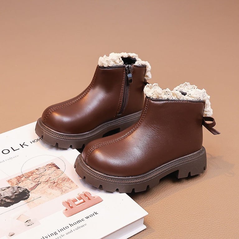 M207 Giày Boot Bé Gái Cổ Ngắn Viền Ren Da Mềm Phong Cách Hàn Quốc – Bốt Trẻ Em Mùa Thu Đông Xinh Xắn