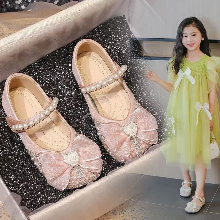 M131 Giày Búp Bê Công Chúa Bé Gái Đính Nơ Voan Trái Tim Ngọc Trai Êm Chân (Màu Hồng / Kem Trắng)