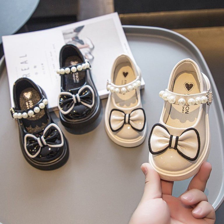 M157 Giày Búp Bê Bé Gái Công Chúa Da Bóng Đính Nơ Viền Nổi – Giày Trẻ Em Quai Đính Chuỗi Ngọc Trai Đi Học, Đi Dự Tiệc