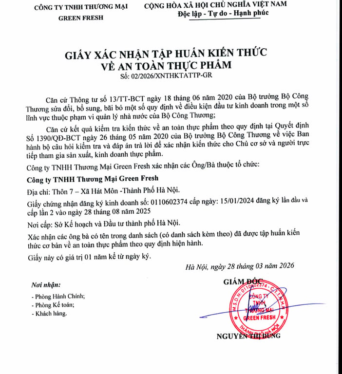 HỒ SƠ PHÁP LÝ CÔNG TY TNHH THƯƠNG MẠI GREEN FRESH
