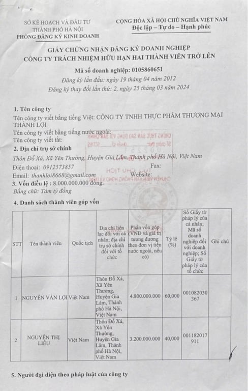 Hồ sơ pháp lý CÔNG TY TNHH THỰC PHẨM THƯƠNG MẠI THÀNH LỢI