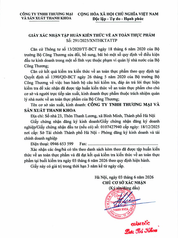 HỒ SƠ PHÁP LÝ CÔNG TY TNHH THƯƠNG MẠI VÀ SẢN XUẤT THANH KHOA