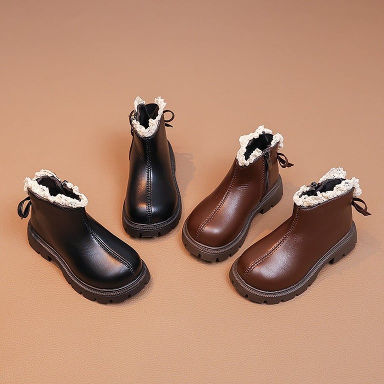 M207 Giày Boot Bé Gái Cổ Ngắn Viền Ren Da Mềm Phong Cách Hàn Quốc – Bốt Trẻ Em Mùa Thu Đông Xinh Xắn