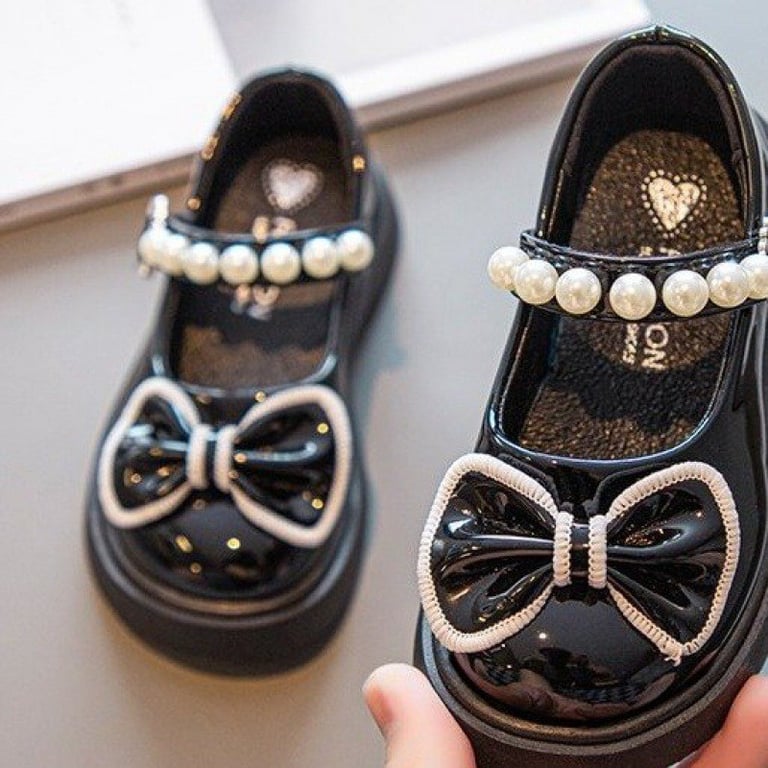 M157 Giày Búp Bê Bé Gái Công Chúa Da Bóng Đính Nơ Viền Nổi – Giày Trẻ Em Quai Đính Chuỗi Ngọc Trai Đi Học, Đi Dự Tiệc