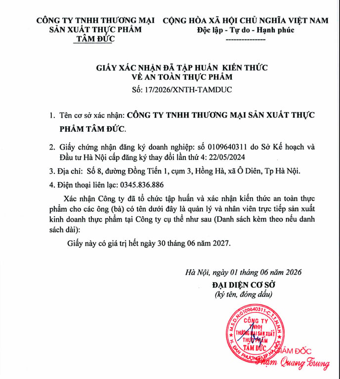 Hồ sơ pháp lý CÔNG TY TNHH  THƯƠNG MẠI SẢN XUẤT THỰC PHẨM TÂM ĐỨC