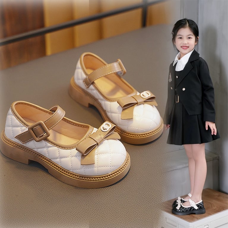 M030 Giày Búp Bê Bé Gái Mũi Tròn Chần Chỉ Ô Trám Đính Nơ – Giày Bệt Da Mềm Phong Cách Hàn Quốc Quai Cài Tiện Lợi Đi Học, Đi Tiệc (Size 26 - 36)