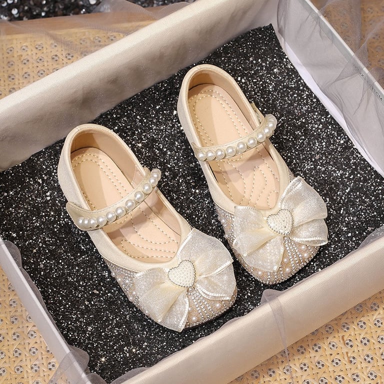 M131 Giày Búp Bê Công Chúa Bé Gái Đính Nơ Voan Trái Tim Ngọc Trai Êm Chân (Màu Hồng / Kem Trắng)