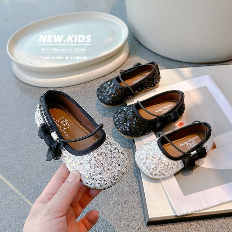 M018 Giày Búp Bê Bé Gái Đính Kim Tuyến Lấp Lánh Phối Nơ Voan – Giày Công Chúa Trẻ Em Mũi Bo Tròn Êm Chân Đi Tiệc, Bối Cảnh Biểu Diễn (Size 24 - 32)