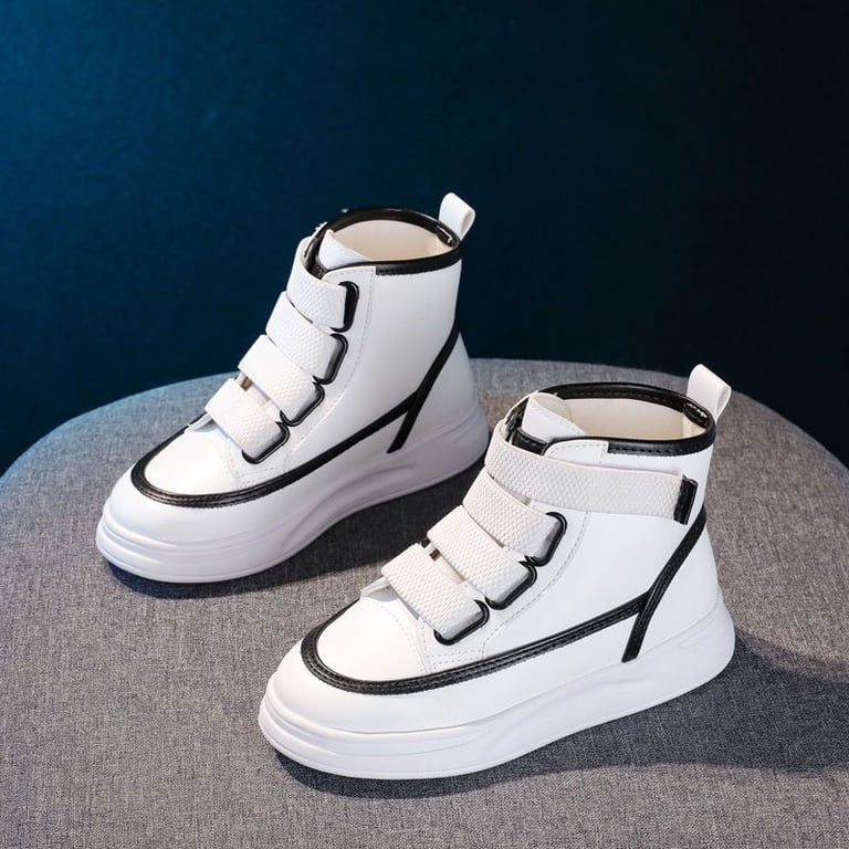 M003 Giày Boot Thể Thao Cổ Cao Trắng Viền Đen Bé Gái Cá Tính Hàn Quốc