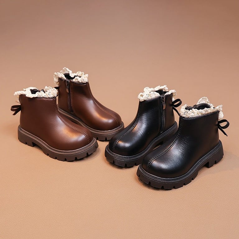M207 Giày Boot Bé Gái Cổ Ngắn Viền Ren Da Mềm Phong Cách Hàn Quốc – Bốt Trẻ Em Mùa Thu Đông Xinh Xắn