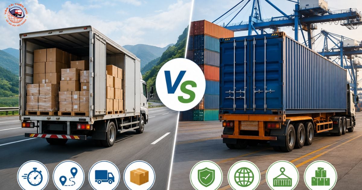 So sánh vận chuyển hàng hóa bằng xe tải và container