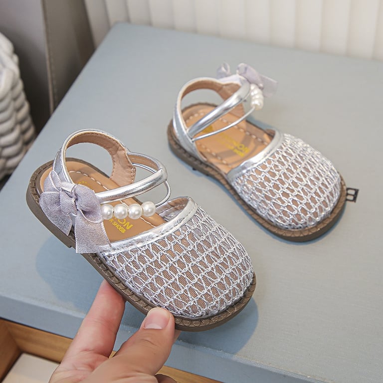 M187 Sandal Búp Bê Rổ Lưới Đính Ngọc Trai & Nơ Voan Cho Bé Gái (Size 26-34)