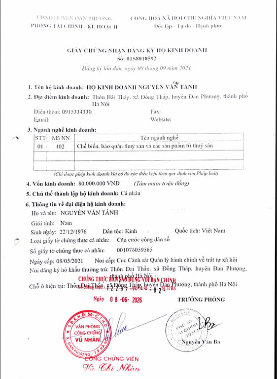 Hồ sơ pháp lý HỘ KINH DOANH NGUYỄN VĂN TÁNH