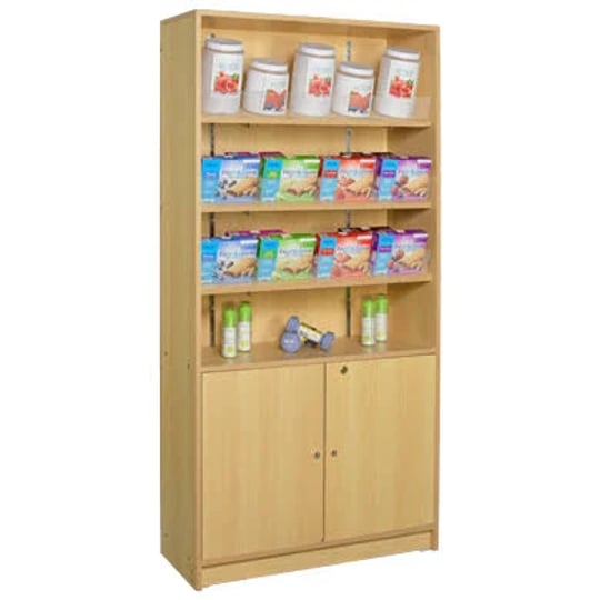 4-shelf-wall-unit-shelving-merchandiser-display-with-locking-storage-cabinet-maple-1