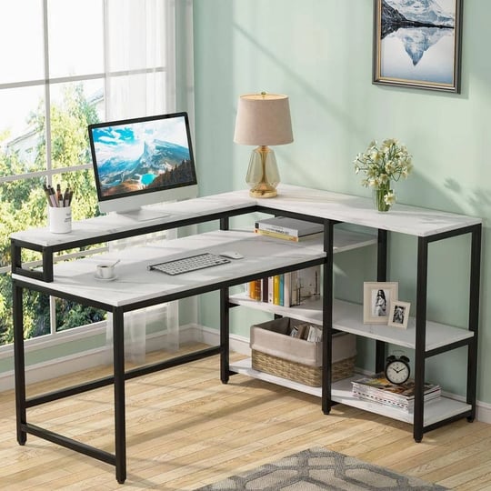 55-in-l-shaped-white-faux-marble-reversible-computer-desk-with-shelves-and-monitor-stand-1