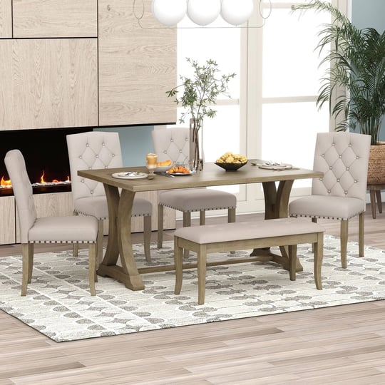 6-piece-farmhouse-dining-table-set-with-rectangular-trestle-table-and-4-upholstered-chairs-bench-nat-1