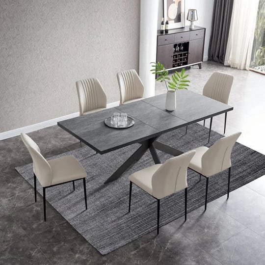 7-piece-extendable-rectangle-dining-table-set-dark-table-with-6-beige-chairs-1