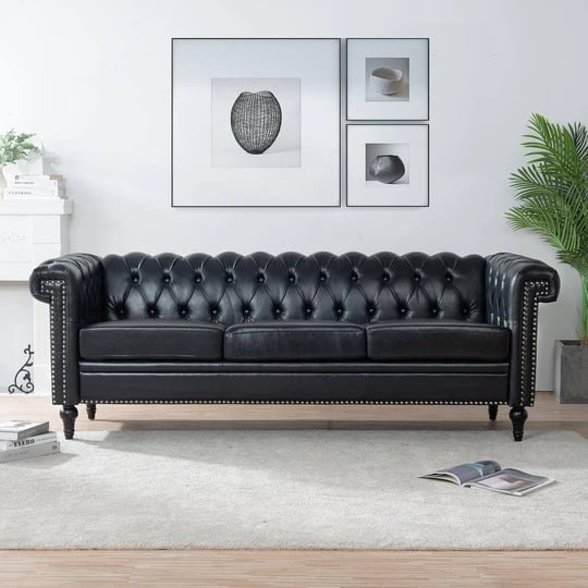 83-5-in-w-flared-arm-faux-leather-straight-sofa-in-black-with-nailhead-1