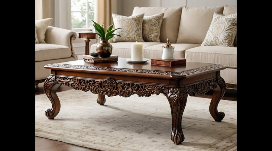 Handcrafted coffee tables featuring detailed wood carvings, combining traditional craftsmanship with elegant design for your living space.