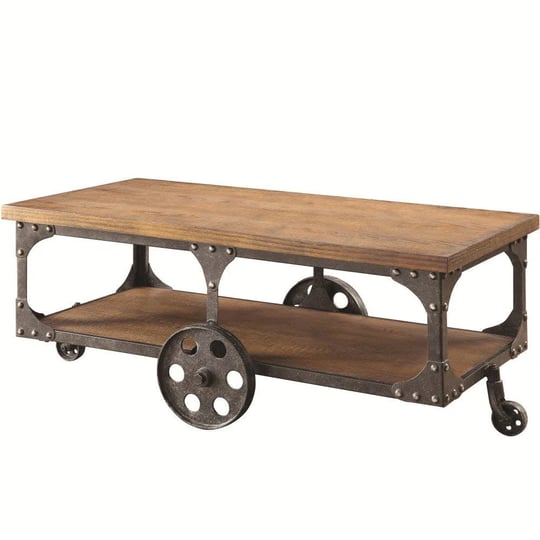 benzara-bm184887-industrial-style-solid-wooden-coffee-table-with-metal-accents-wheels-brown-1