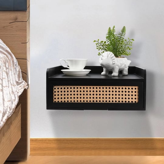 chicgrowth-floating-nightstand-wall-mounted-shelf-with-drawer-rattan-side-end-table-black-wood-night-1