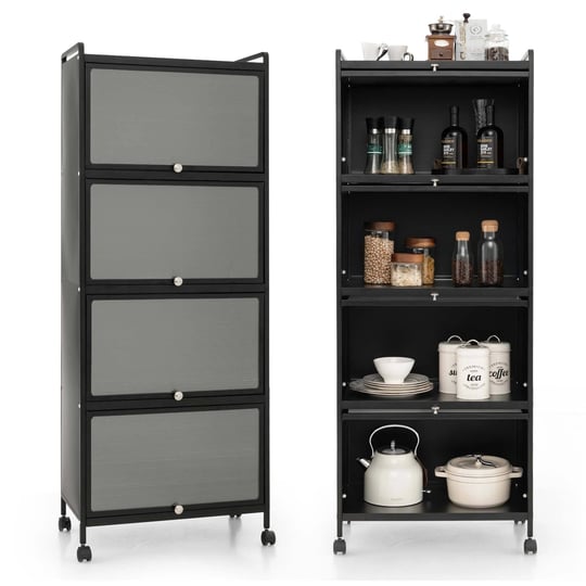 costway-5-tier-kitchen-bakers-rack-storage-cabinet-mobile-microwave-stand-flip-up-doors-1