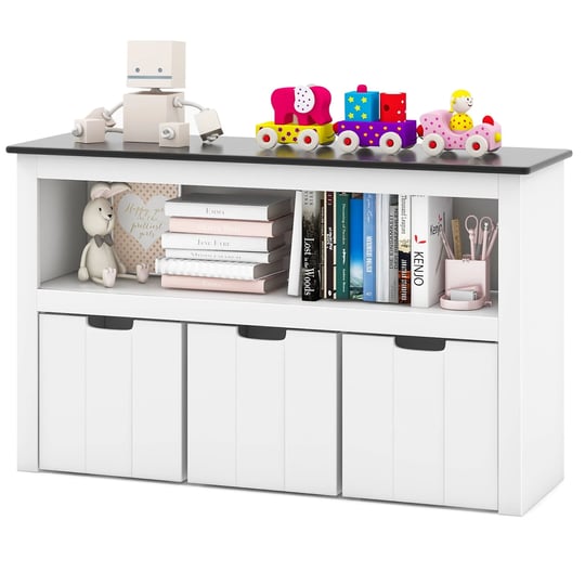 costway-kids-toy-storage-organizer-wooden-bookshelf-with-3-drawers-hidden-wheel-blackboard-1