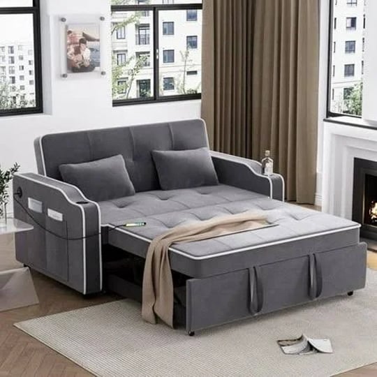 dealtops-pull-out-sofa-bed-convertible-loveseat-sleeper-with-cup-holders-and-usb-ports-gray-1