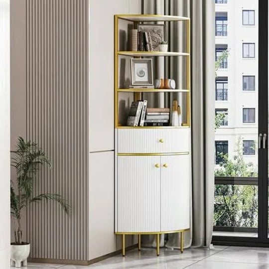 euroco-3-tier-bookshelf-with-gold-metal-frame-74-8-tall-corner-bookshelf-with-2-doors-drawer-wooden--1