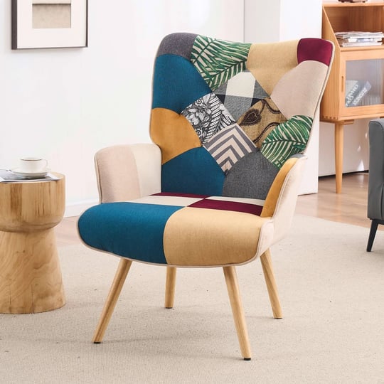 ferpit-upholstered-wingback-accent-chair-with-rubberwood-legs-levelers-solid-color-patchwork-1