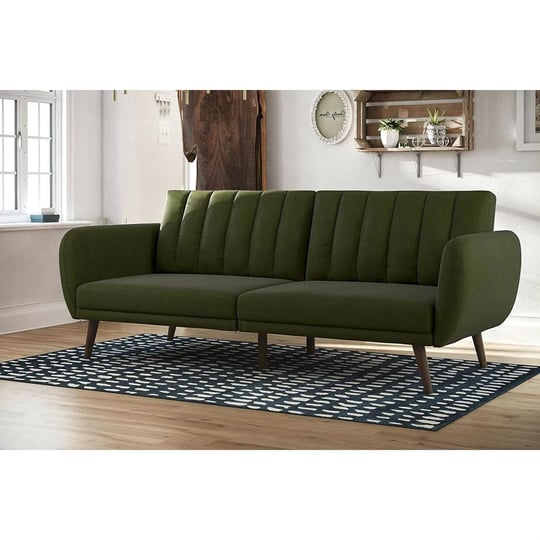 green-linen-upholstered-futon-sofa-bed-with-mid-century-style-1