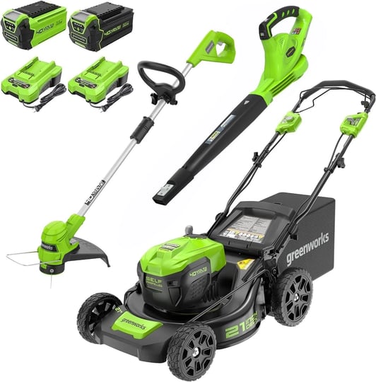 greenworks-40v-21-self-propelled-moweraxial-leaf-blower12-string-trimmer-with-batteries-and-chargers-1
