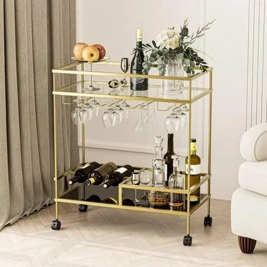 ikifly-gold-bar-cart-for-the-home-2-tier-modern-glass-bar-cart-with-wheels-home-bar-serving-carts-wi-1