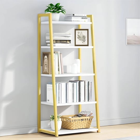 iotxy-5-tier-open-bookshelf-steel-and-wood-display-stand-50cm-width-floor-standing-bookcase-gold-1