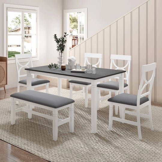 jzj-6-piece-farmhouse-style-dining-table-set-table-4-chairs-upholstered-bench-gray-top-white-frame-e-1