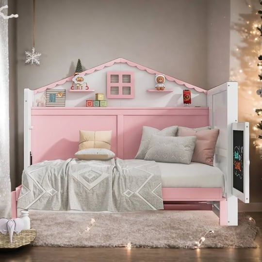 kid-friendly-twin-size-design-house-murphy-bed-with-usb-storage-shelves-and-blackboard-pinkwhite-1