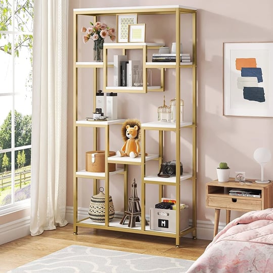 lee-71-inch-tall-bookshelf-freestanding-geometric-bookcase-white-and-gold-1