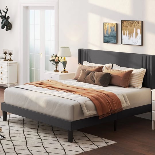 lofka-full-size-bed-frame-with-upholstered-wing-back-headboard-noise-isolation-dark-grey-finish-size-1