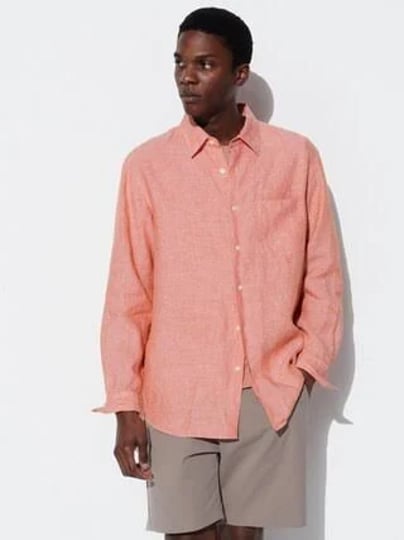 mens-premium-linen-long-sleeve-shirt-orange-small-uniqlo-us-1