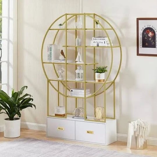 modern-round-office-bookcase-with-two-drawers-gold-steel-frame-5-tiers-display-shelf-for-home-and-of-1